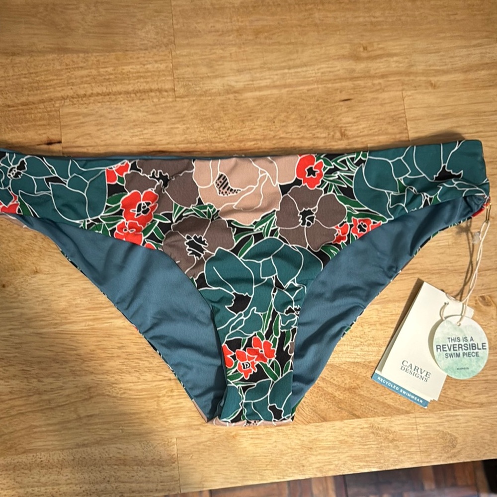 Carve Designs Green and Brown Bikini bottom with Floral Embroidery